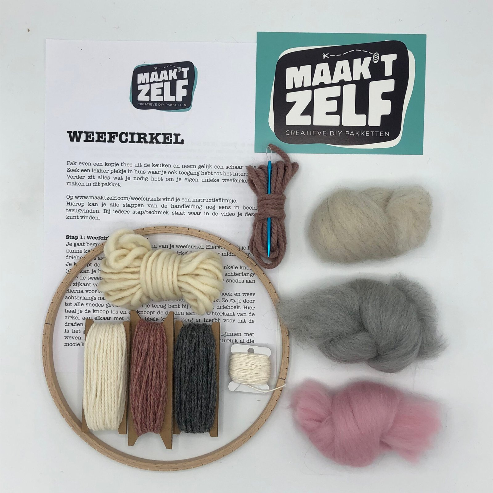Compleet weefpakket met lontwol in grijs, roze en beige tinten, houten weefraam en garen van MaakTzelf.
