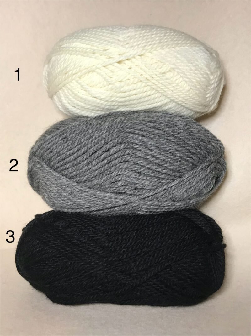 Een witte, grijze en zwarte bol wol onder elkaar. Voor de bollen staan de cijfers 1, 2 en 3
