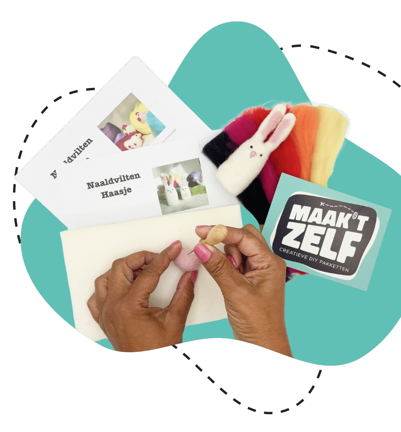 Handen bezig met een naaldvilt-workshop van MaaktZelf